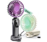 STRHAGO 2 Pcs Portable Handheld Fans, Mini USB Rechargeable Fans with Neck Strap & Detachable Desk Base, 90° Foldable, 6 Speeds, Hand Held Fans for Outdoor, Home, Office, Travel, Camping&Commute