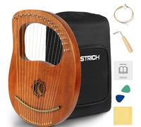 STRICH Lyre Harp, 16 Strings, Mahogany, Copper Saddle Lyre Harp Set with Spare Metal Strings, Tuning Wrench, Black Custom Gig Bag and Manual