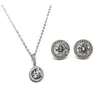 Strictly Gifts Ladies Sterling Silver Micro Set Cubic Zirconia Halo Pendant Chain Necklace and Stud Earrings Set