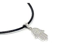 Strictly Gifts Sterling Silver Hamsa Pendant with Cubic Zirconias on 41-46 Leatherette Necklace