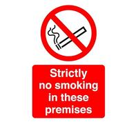 Strictly no smoking in these premises safety sign- High tack self-adhesive sticker (200mm x 150mm) Viewing Distance within 5m.