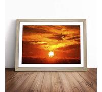 Striking Orange Sunset in Abstract Framed Wall Art Picture Print - Canvas Painting - Modern Home Décor Poster - Ready to Hang for Living Room Bedroom Kitchen - Oak A2 (48 x 66 cm)