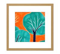 Striking Orange Teal Trees Abstract Landscape Watercolour Square Wooden Framed Wall Art Print Picture 8X8 Inch Artery8 Light Oak One Size