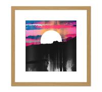 Striking Sunset Behind Dark Hills Pink Teal Sky Landscape Modern Painting Square Wooden Framed Wall Art Print Picture 8X8 Inch Artery8 Light Oak One Size