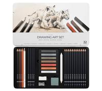 String & Space Professional Drawing Set - 32pc Art Kit for Adults - 12 Graphite Pencils (6H-12B), Charcoal, Pastels & Earth Tones - Metal Tin