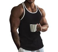 String Vests for Men UK Summer Striped Ribbed Tank Top Gym Running Training Bodybuilding Sleeveless Muscle T Shirts Crew Neck Athletic Workout Moisture Wicking Tank Tops Black