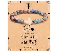 Stringex Natural Stone Cross Stretch Bracelets for Women Minimalist Christian Crucifix Beaded Elastic Bracelets Faith Based Gifts for First Communion Baptism, L, Alloy, no gemstone