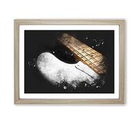 Strings Of A White Bass Guitar Paint Splash Modern Art Framed Print | A3 Oak Framed Wall Art | Ready to Hang | Modern Music Picture | Living Room Bedroom Lounge Office