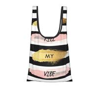 Stripe Don't Kill My Vibe Print Foldable Reusable Grocery Bag Lightweight Shopping Tote for Groceries Travel Beach Eco-Friendly Compact Adventure Tote