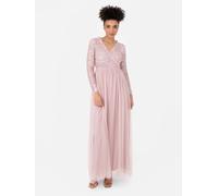 Maya Deluxe Womens Maxi Ladies Embellished Wrap Tulle Frilly V-Neck Long Sleeve for Wedding Guest Bridesmaid Prom Ball Gown Dress, Frosted Pink, 18 UK