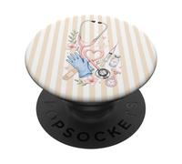 Stripe Floral Stethoscope Pattern Nurse Practitioner Beige PopSockets Adhesive PopGrip