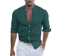 Stripe Grandad Shirt for Men 2025 Cotton Linen Long Sleeve V-Neck Band Collar Hippie Yoga Muscle Fit Tee Shirts Fashionable Slim Fitted Beach Vacation Trip Travel Camping Party Wear Tops Green