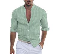 Stripe Grandad Shirt for Men 2025 Cotton Linen Long Sleeve V-Neck Band Collar Hippie Yoga Muscle Fit Tee Shirts Fashionable Slim Fitted Beach Vacation Trip Travel Camping Party Wear Tops Mint Green