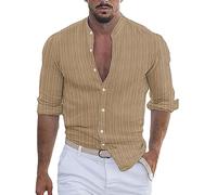 Stripe Grandad Shirt for Men 2025 Cotton Linen Long Sleeve V-Neck Band Collar Hippie Yoga Muscle Fit Tee Shirts Fashionable Slim Fitted Beach Vacation Trip Travel Camping Party Wear Tops Khaki