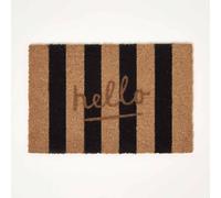 HOMESCAPES Stripe Hello Coir Doormat, Non-Slip PVC Backed Heavy Duty Indoor & Outdoor Welcome Mat, 40 x 60cm