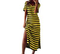 Stripe Maxi Dresses for Women UK V Neck Short Sleeve Split-Side Long Dress Loose Comfortable Lounge T-Shirts Dresses Nightdress Summer Casual Boho Holiday Dress Sale Clearance Yellow