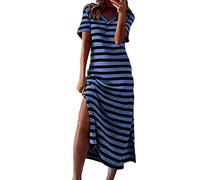 Stripe Maxi Dresses for Women UK V Neck Short Sleeve Split-Side Long Dress Loose Comfortable Lounge T-Shirts Dresses Nightdress Summer Casual Boho Holiday Dress Sale Clearance Blue
