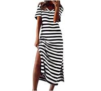 Stripe Maxi Dresses for Women UK V Neck Short Sleeve Split-Side Long Dress Loose Comfortable Lounge T-Shirts Dresses Nightdress Summer Casual Boho Holiday Dress Sale Clearance White