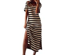 Stripe Maxi Dresses for Women UK V Neck Short Sleeve Split-Side Long Dress Loose Comfortable Lounge T-Shirts Dresses Nightdress Summer Casual Boho Holiday Dress Sale Clearance Khaki