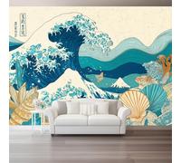 Stripe Ocean Wave Marine Life Shell Print Panoramic Wallpaper | Bohemian Style Peel and Stick Wallpaper, 300x210cm (W x H) for Living Room Background Decoration, Blue