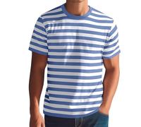 Stripe Shirt Men Short Sleeve Summer Crew Neck Casual Tops Stylish Fashion Beach Holiday Vacation Printed Tee Shirts Sky Blue