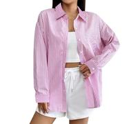 Stripe Shirts Women Button Down Lapel Neck Longline Long Sleeve Tops Office Business Casual Leisure Shirt Cardigan Double Cuff Shirts 2025 Basic Lightweight Blouse with Pocket (A1-Pink, L)