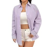 Stripe Shirts Women Button Down Lapel Neck Longline Long Sleeve Tops Office Business Casual Leisure Shirt Cardigan Double Cuff Shirts 2025 Basic Lightweight Blouse with Pocket (A1-Purple, XL)