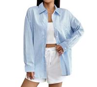Stripe Shirts Women Button Down Lapel Neck Longline Long Sleeve Tops Office Business Casual Leisure Shirt Cardigan Double Cuff Shirts 2025 Basic Lightweight Blouse with Pocket (A1-BU2, L)
