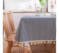 Stripe Tablecloth , Cotton Linen Large Oblong Tablecloths for Kitchen Dining Table Decoration with Tassel-Blue stripes_140*250cm