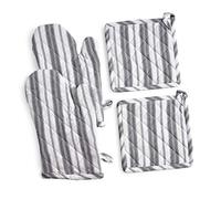 Striped 100% Cotton 2 Oven Mitts (18x32cms) and 2 Potholder Sets (20x20cms). Heat Resistant with Terry Lining for Mitts. Size 18x32 cms and 20x20 cms.Color - Dark Grey