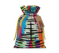 Striped Abstract Colorful Printed Christmas Drawstring Bags Reusable Xmas Bag for Party Xmas Gift Wrapping, Yellow Ribbon, S