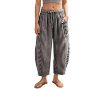 Striped Baggy Harem Palazzo Pants Tapered Waist with Pockets, Summer Casual Wide Leg #D Black