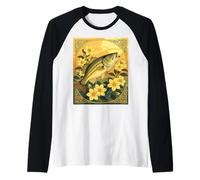 Striped Bass Rockfish and Yellow Jasmine Flowers Raglan Baseball Tee