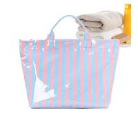 Striped Beach Bag - Oversized, Shiny and Waterproof - for Beach - for Women, Summer, Work, Office, School, School, Gym, Pool and Hiking, Pink Blue, Consulte la descripción