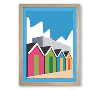 Striped Beach Huts Modern Framed Wall Art Print A4 (29.7×21cm) Oak, Wall Decor for Living Room, Bedroom, Office & Home, Ready to Hang, Art Gift