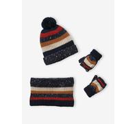 Striped Beanie + Snood + Gloves Set for Boys blue dark two color/multicol