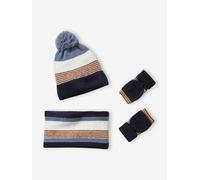 Striped Beanie + Snood + Gloves Set for Boys blue dark two color/multicol
