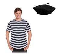 Striped Black/White Top (One Size) WITH Black Beret Hat - Adult Fancy Dress Costume for Burns Night, World Book Day, Mime, and Themed Parties