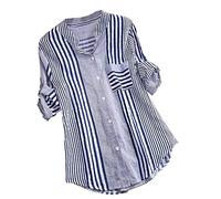 Striped Blouse for Women UK, Ladies Linen Shirt Elegant Summer Button Down Roll Up 3/4 Sleeve T-Shirts Grandad Collar Casual Loose Cotton Office Work Tee Longline Tunic Tops Plus Size Blue