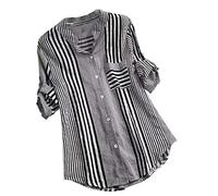 Striped Blouse for Women UK, Ladies Linen Shirt Elegant Summer Button Down Roll Up 3/4 Sleeve T-Shirts Grandad Collar Casual Loose Cotton Office Work Tee Longline Tunic Tops Plus Size Black