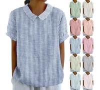Striped Blouse Women's Elegant Peter Pan Collar Blouse Shirt Short Sleeve T-Shirt Striped Top Tunic Loose Shirt Blouse Summer Blouse Shirt Blouse Shirt Blouses Women's Blouses Blouse Top, gray, XXL