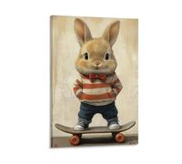Striped Bunny on Skateboard Wall Art Cute Rabbit Poster in Red Bow Tie And Hoodie Whimsical Animal Print for Baby Nursery Or Kids Room Decor Gift 20x30inch(50x75cm) Frame