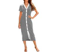 Striped Button-Front Midi Dress V-Neck Short Sleeve Stripe Women's Casual Dresses (Black, M)