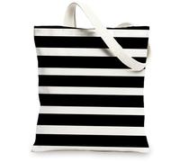 Striped Canvas Tote Bags, Black White Reusable Grocery Bags, Chic Lightweight Washable Shoulder Strap Canvas Bags for Gym T, Black White, 13x15 Inch