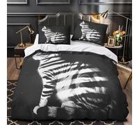 Striped_cat 3D Printing Quilt Cover 3-Piece Ultra-Soft Microfibre Anti-Fade Black_white_art_style Duvet Cover 2 Pillowcases Zip Closure Bed Set Adults & Couples Single（140x200cm）