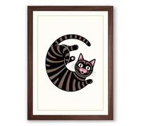 Striped Cat Crescent Retro Framed Wall Art Print A4 (29.7×21cm) Walnut, Wall Decor for Living Room, Bedroom, Office & Home, Ready to Hang, Art Gift