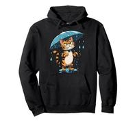 Striped Cat Illustration With Umbrella in Rain Pullover Hoodie