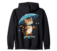 Striped Cat Illustration With Umbrella in Rain Zip Hoodie