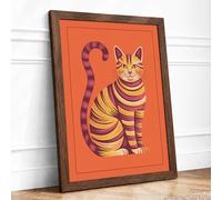 Striped Cat in Orange Modern Framed Wall Art Print A2 (59.4×42cm) Walnut, Wall Decor for Living Room, Bedroom, Office & Home, Ready to Hang, Art Gift