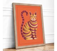 Striped Cat in Orange Modern Framed Wall Art Print A3 (42×29.7cm) Oak, Wall Decor for Living Room, Bedroom, Office & Home, Ready to Hang, Art Gift
